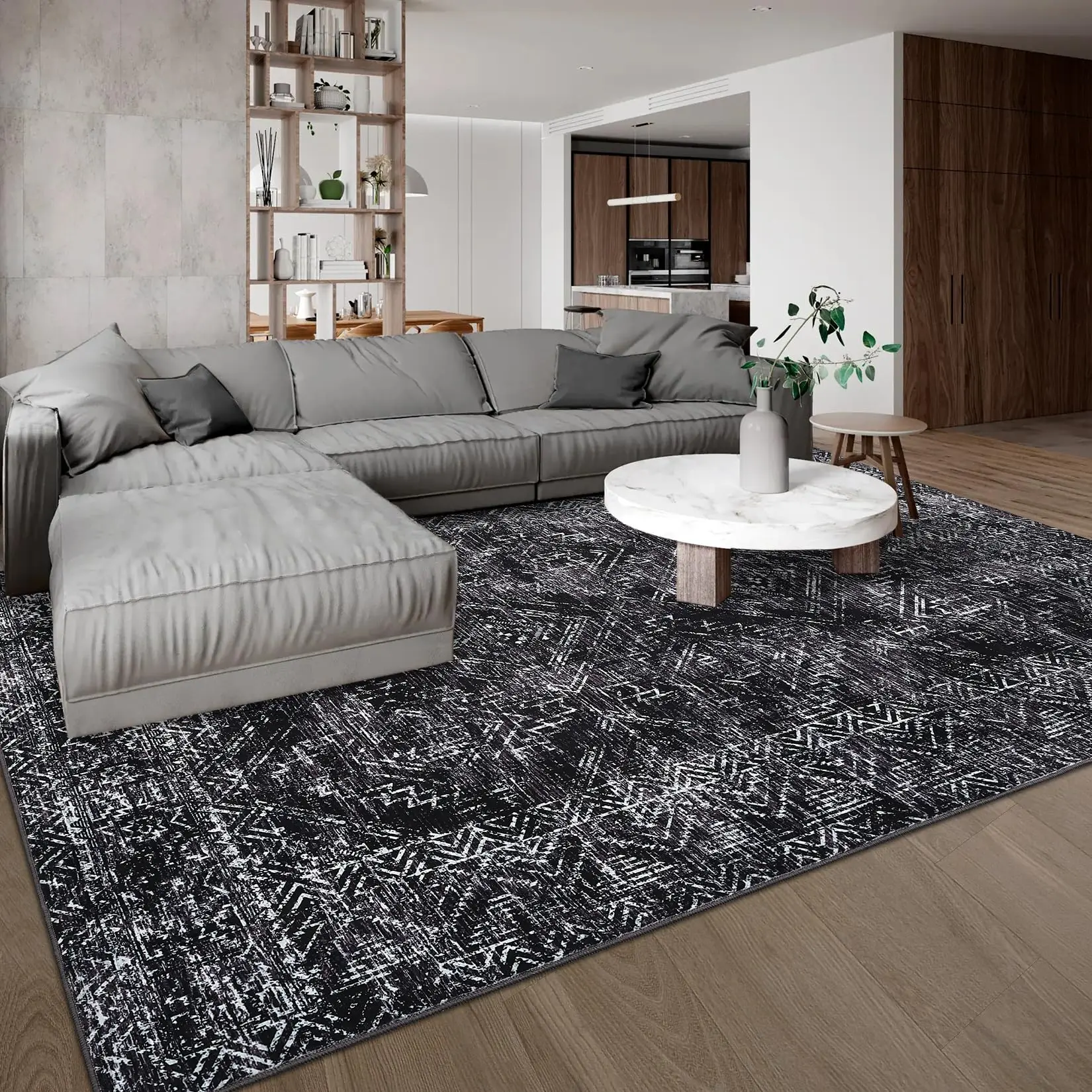 Garvee Living Room 8x10 Machine Washable Area Rug Modern Abstract Diamond Carpet Non-Slip Low Pile Indoor No-Shedding Bedroom Accent Carpet Stain-Resistant Easy-Clean Area Rug for Dining Office Decor Black