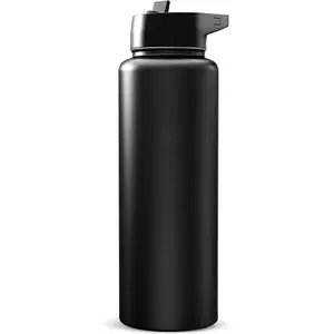 Camping & Hiking Hydration Flask with Straw, Wide Mouth Insulated Stainless Steel Sports Water Bottle - 40 oz Midnight Black