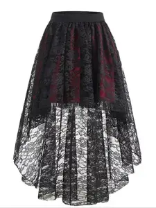 Floral Lace High-Low Hem, Hollow Out Irregular Short Dress, Elegant Women's Fashion, Perfect for Parties and Daily Wear, Contrast Mesh Skirt