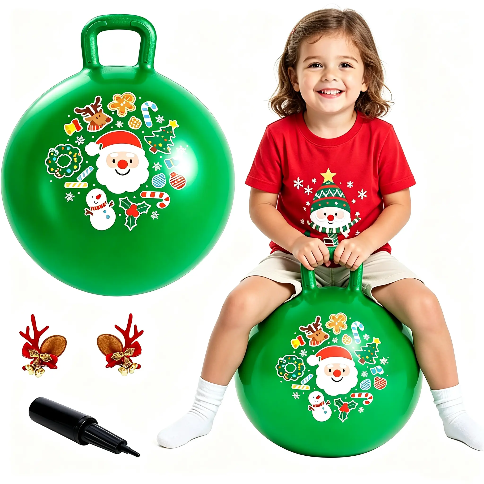 Hopper Ball for Kids 4-8, Christmas Kids Hopping Ball Toys/Gift | Green & Red Bouncy Ball with Handle, 18In Hopping Toys with Free Christmas Reindeer Ears, Holiday Gifts for 4 5 6 7 8 Yrs Old