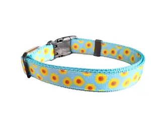 Yellow Flowers Light Blue Nylon Dog Collar MD, LG, XL, Leash
