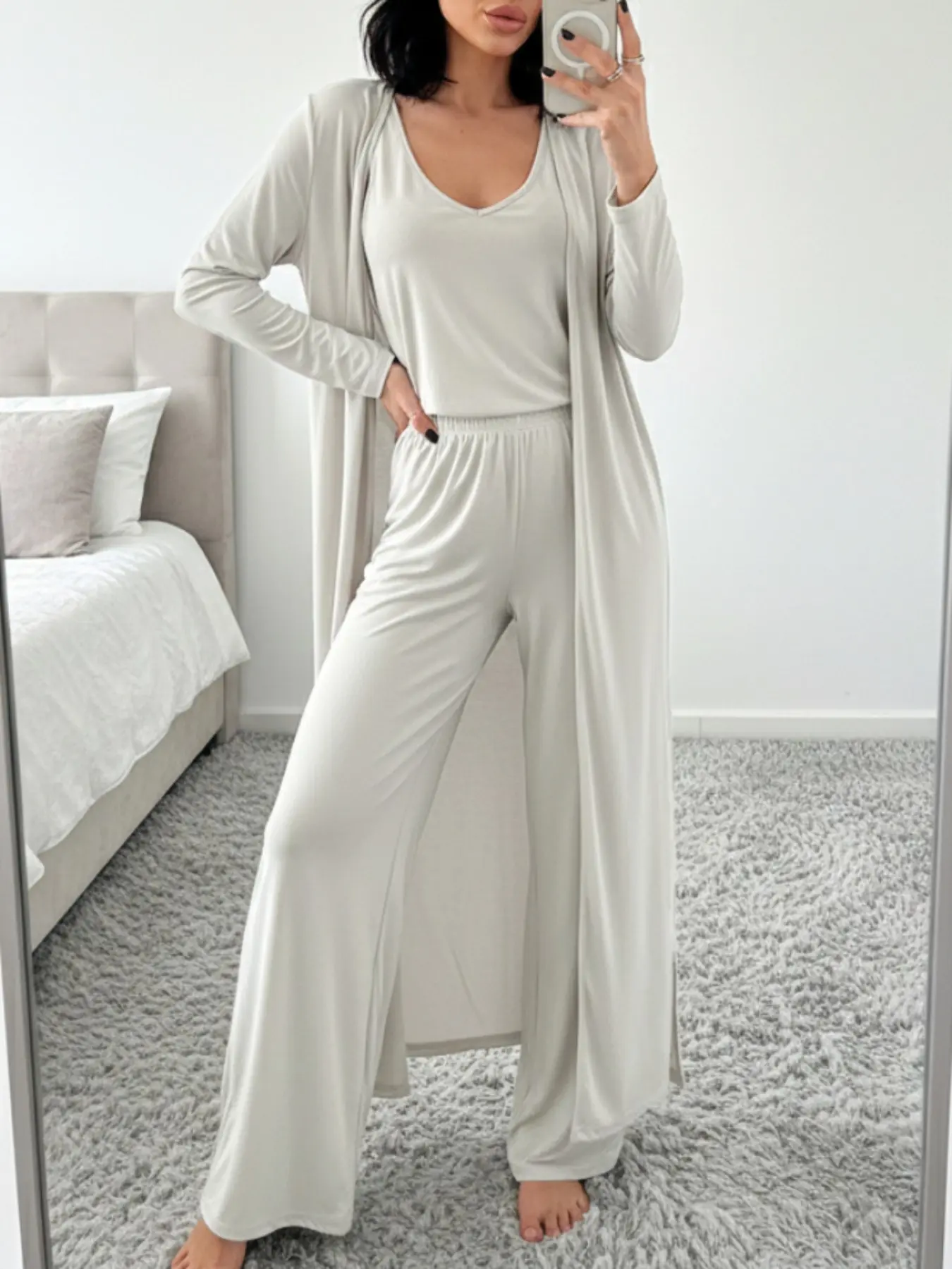 ZANZEA Women's Elastic Plain 3-Piece Outfit - Soft Lounge Sets Casual Open-Front Long-Sleeve Outerwear, Sleeveless Top, Wide-Leg Pants - Womenswear Suits for Daily Wear, Matching Outfits