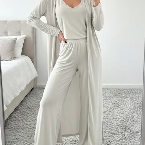 Women's Solid Color Three-piece Set, Casual Open Front Long Sleeve Outerwear & Sleeveless Top & Wide Leg Pants Set for Daily Wear, Ladies Clothes for All Seasons Outfit