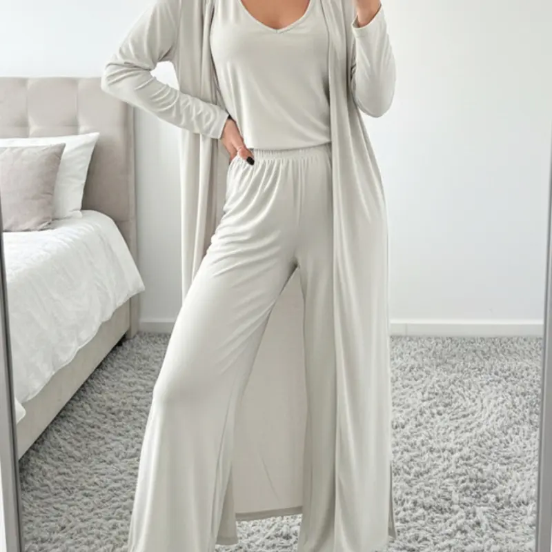 Women's Solid Color Three-piece Set, Casual Open Front Long Sleeve Outerwear & Sleeveless Top & Wide Leg Pants Set for Daily Wear, Ladies Clothes for All Seasons Outfit