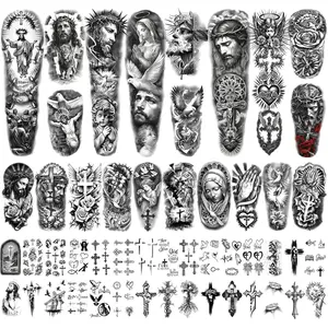 48 Sheets Christian Full Arm Temporary Tattoos For Adult, Religious Jesus Christ Cross Angel God Half Arm Fake Tattoos, Christ Catholic Realistic Tiny Body Temporary Tattoos for Men Women Kids