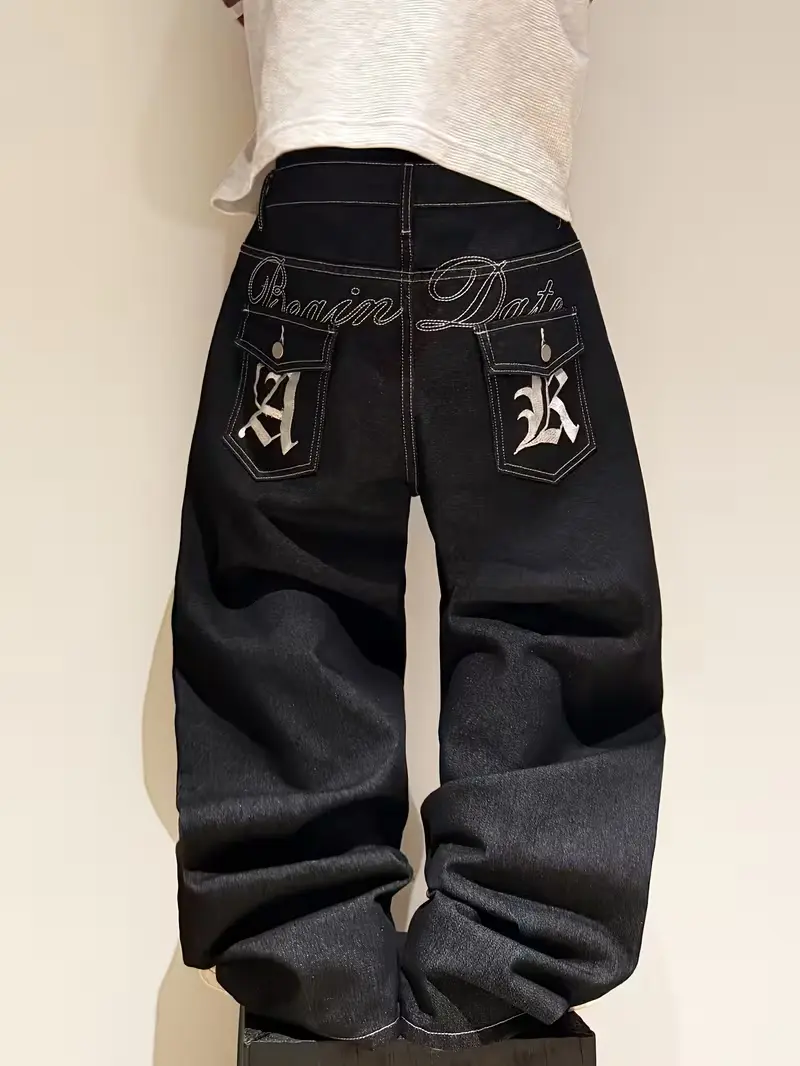 UP.THE Gothic Letter Back Pocket Embroidery Oversized Wide Leg Baggy Raw Black Jeans Men Contrast Stitch Stacked Denim Pants Y2K Hip Hop Skater Streetwear Daily Casual Outfit