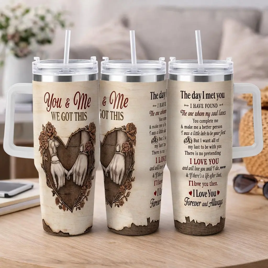 Stainless Steel Insulated Tumbler Flask - 40oz/30oz/20oz, You And Me Love Quote, Romantic Holding Hands Rose Heart Design, Portable Stylish, Durable Leakproof, Lid & Straw, Anniversary Wedding Gift For Home Office, Flasks, Drink