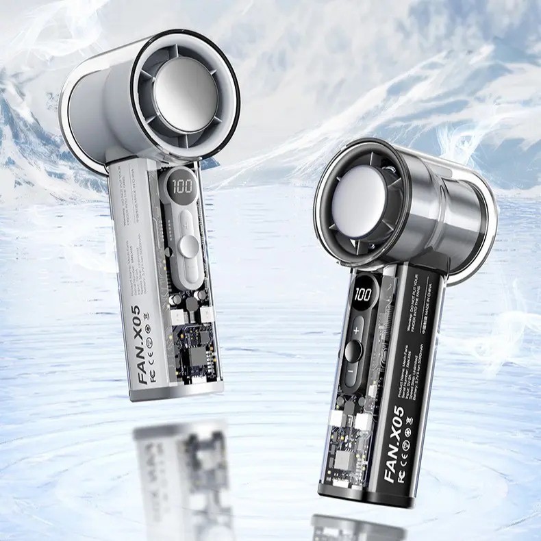Portable mini handheld turbo fan (travel-friendly) ，adjustable speed settings (levels 1–100), an LED display, and a transparent design; suitable for both handheld and desktop use.