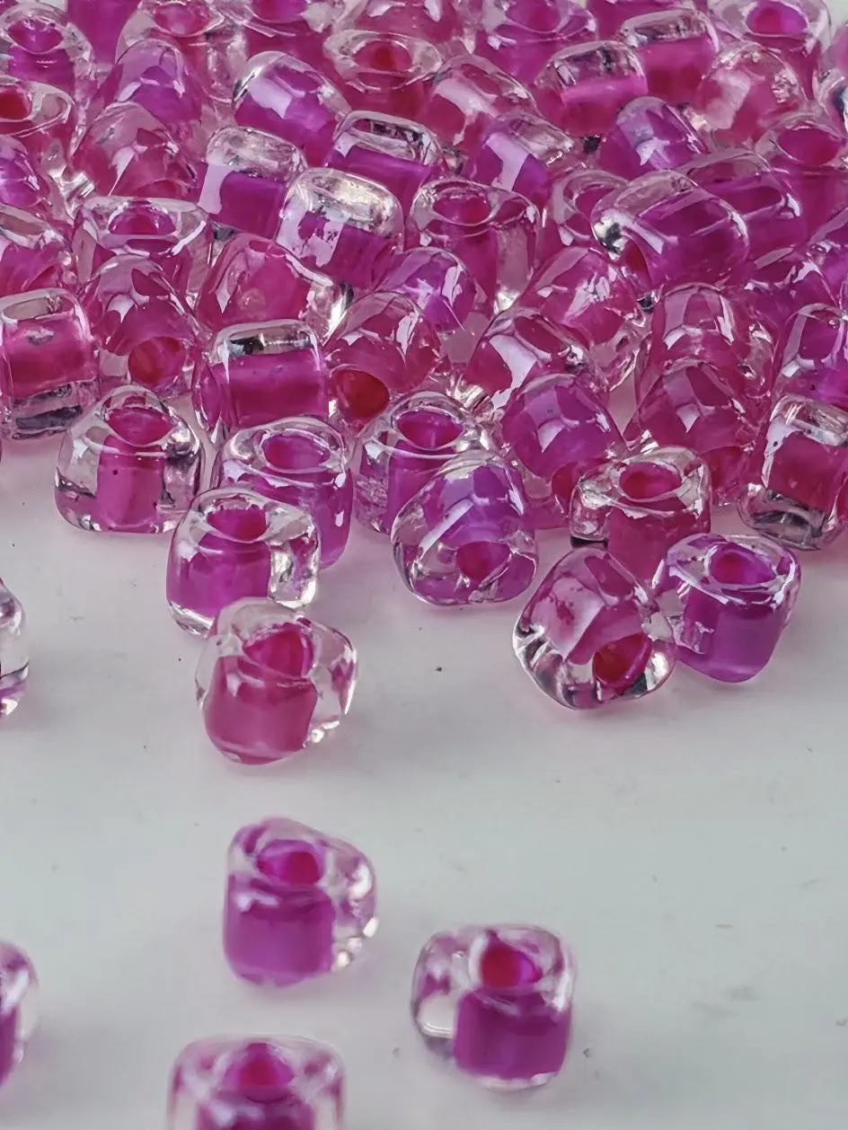 Miyuki Triangle Beads, Crystal/Fuchsia Inside Color Lined | 5/0 | 15g Pack