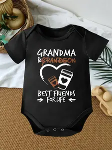 Grandma & Grandson Best Friends For Life Baby Boy Bodysuit, Coffee Cup Heart Arrow Mixed Font Short Sleeve 100% Cotton Newborn Infant Romper Onesie