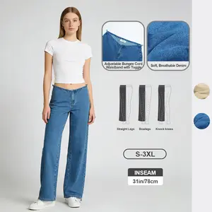 Pwest NYC Low-Rise Wide-Leg Jeans — Adjustable Drawstring Waistband/Hem, Relaxed Straight Cut, Soft Daily Wear-Spring Summer