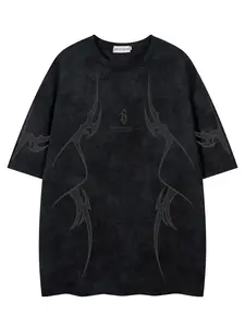 Men's Letter Print Vintage Wash Short Sleeve Tee, Loose Casual Drak Grey Round Neck T-shirt for Summer, Fashion Men's Top for Daily Wear, Tropical, Casual Streetwear Top