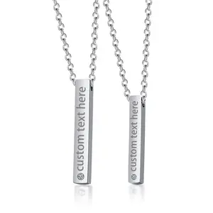 OIDEA Couples Necklace Set, Stainless Steel Rectangle Bar Pendant with Rhinestone Diamond, Custom Engraved His & Hers Jewelry Gift