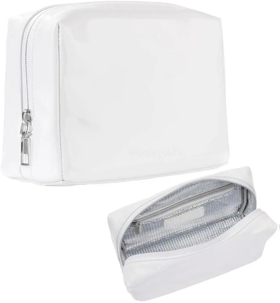 Stay Golden Insulated Waterproof Day Pouch for Women Heat-Resistant Travel Cosmetic & Toiletry Bag | Luxurious Vegan Leather Portable Makeup Organizer - (Silver Zipper, White)