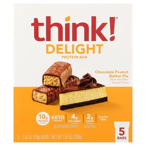 Think ! Delight Protein Bar, Chocolate Peanut Butter Pie, 5 Bars, 1.41 oz (40 g) Each