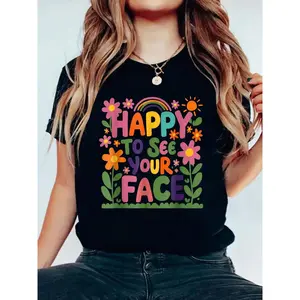 Happy To See Your Face Teacher Vintage Flower Back To School T-Shirt Cotton Graphic Tee For Women, Round Neck Short Sleeve Casual Tops