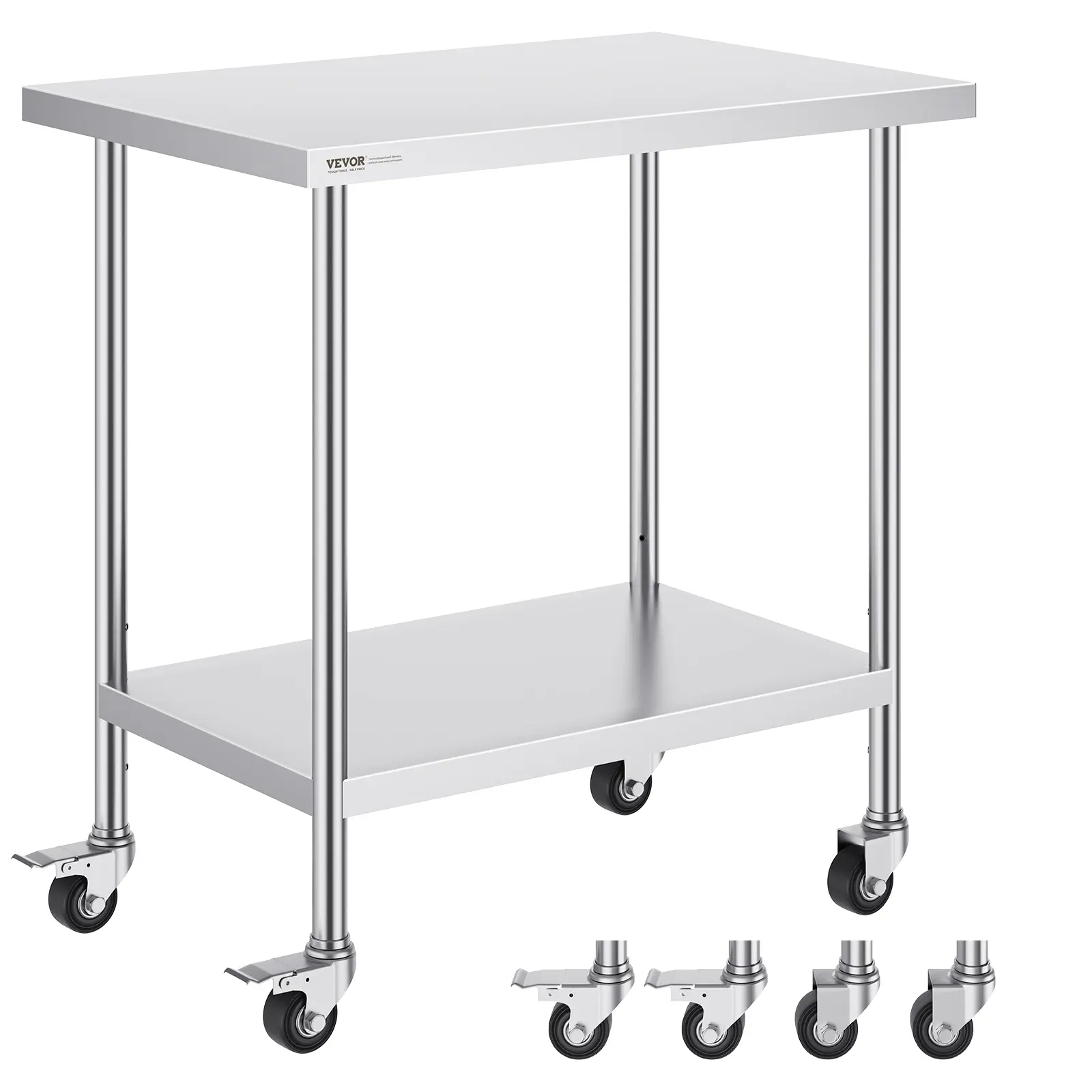 VEVOR NSF Certified Multifunctional Rectangle Stainless Steel Work Table (24x36x38 in Smooth Surface) - 4 Wheels, 3 Adjustable Height Levels, Adjustable Standing Shelf, Organizer Storage Rack for Commercial Kitchen, Kneading Dough, Garage