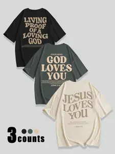 Women's Jesus Loves You Letter Print Round Neck Tee, Casual Chic Minimalist Loose Fitted Short Sleeve Crew Neck T-shirt for Daily Wear, Ladies Clothes for All Seasons, Top, Tshirt