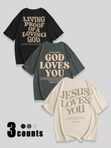 women's jesus loves you letter print round neck tee, casual short sleeve crew neck t-shirt for daily wear, ladies clothes for all seasons, top