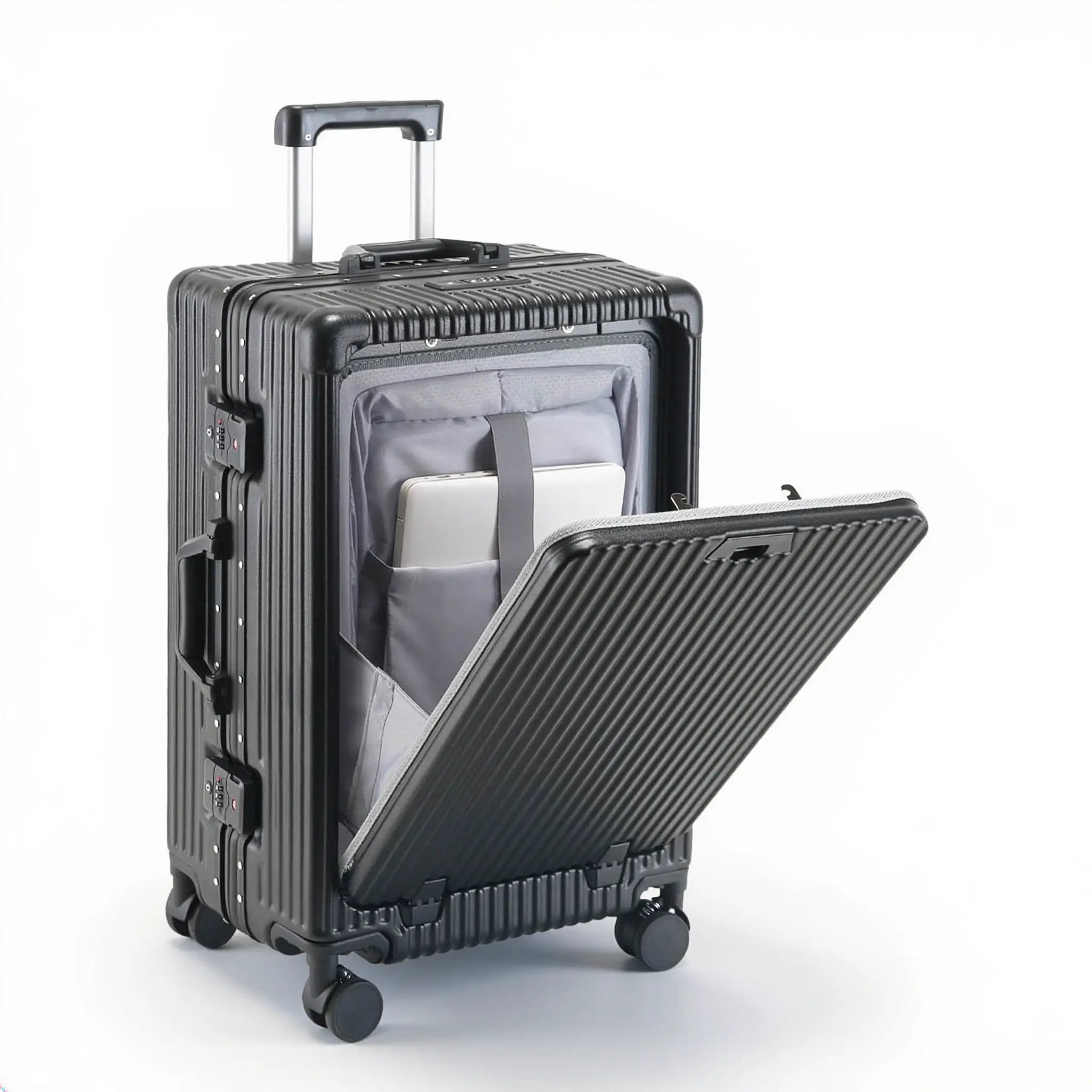 20/24-Inch Front Opening Carry-On Luggage for Business Travel, Zipperless PC+ABS Hardside Suitcase with Laptop Compartment, USB Charging Port, Cup Holder, Phone Holder, TSA Lock & 360° Silent Spinner Wheels for Flights