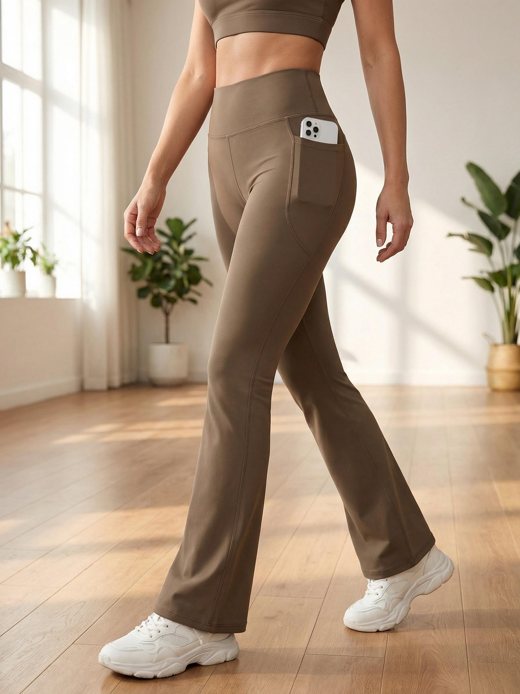 TCVC Women's Spring Summer Solid Color High Waist Pocket Sports Pants - Wide Leg/Flare/Straight Leg, Thin Fabric, Versatile, for Casual Daily Wear, Running, Yoga & Fitness