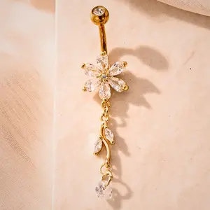 Sparkly CZ Floral Pierced Navel Ring – Sexy Belly Jewelry for Daily & Party Wear
