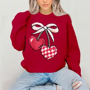Fuzzy Heart Cherries FAUX YARN Crewneck Sweatshirt Gildan Everyday Style Super Soft Unisex Fit Streetwear Graphic Top warm Christmas Gift for her Womenswear Casual Printed Long Sleeved