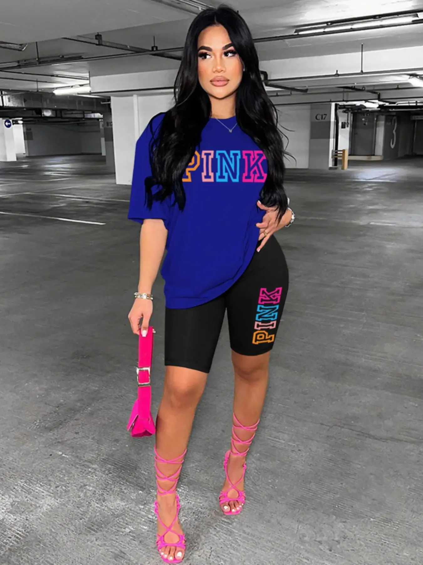 Women's Letter Print Drop Shoulder Tee & Skinny Shorts Set, Summer Clothes Women, Round Neck Short Sleeve T-shirt & Track Shorts, Casual Fashion Cozy