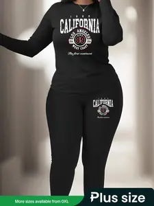 【Plus Size】 Two-Piece Set Letter Print Drop Shoulder Sweatshirt & Skinny Pants, Casual Fashion Cozy Round Neck Long Sleeve Pullover & Trousers for Daily Outdoor Wear, Women's Two-piece Outfits for Fall & Winter