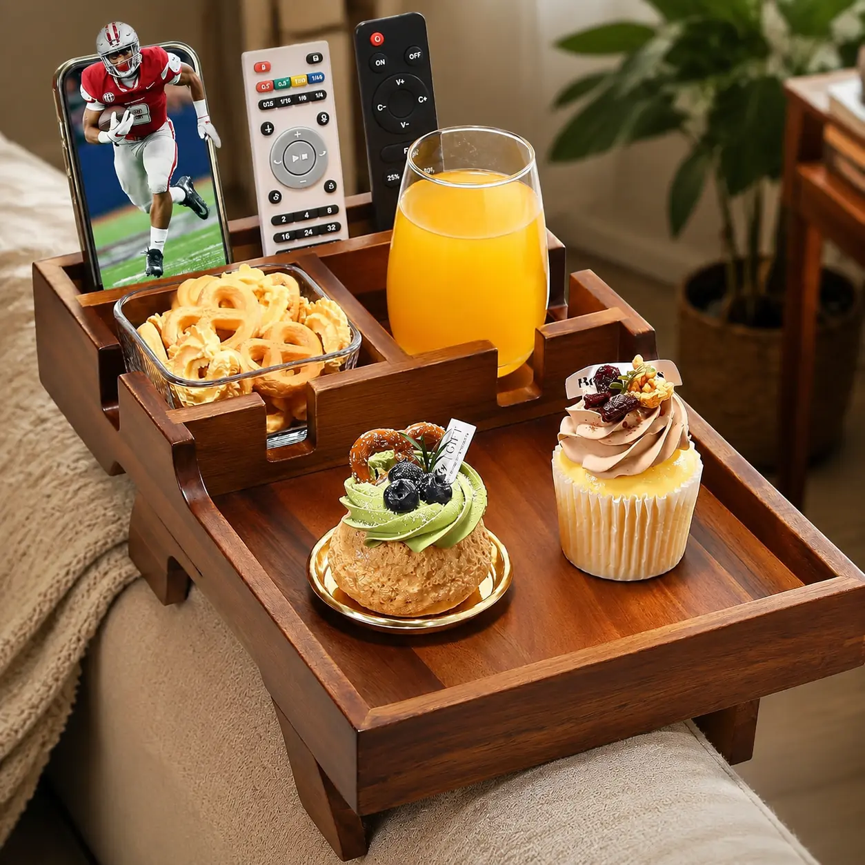 Retro Acacia Wood Couch Arm Table - Clips on Arms, Dual Cup Holders, Waterproof Tray with Anti-Slip Pads, Foldable for Drinks & Snacks, Storage Slots for Remotes, Fits Armless Sofas & Sectionals, 15.35"x9.85", Easy To Assemble