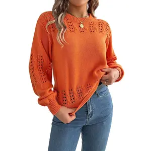 Coolmee Womens Sweaters for Fall Fashion Crewneck Casual Long Sleeve Crochet Hollow Knit Pullover M Orange