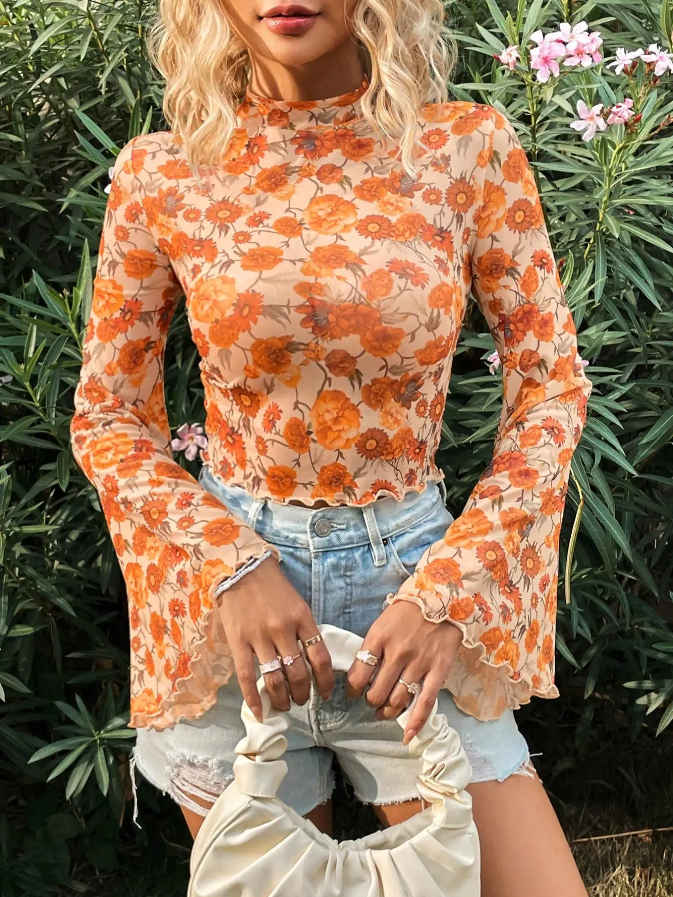 Women's Floral Print Lettuce Trim Flounce Sleeve Tulle Top, Boho Mock Neck Long Sleeve Top for Daily Holiday Vacation Wear, Ladies Clothes for Summer