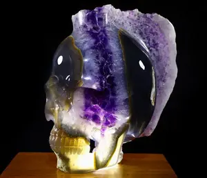 Nice 5.9" Agate Amethyst Druse Carved Crystal Punk Skull With Spine, Realistic