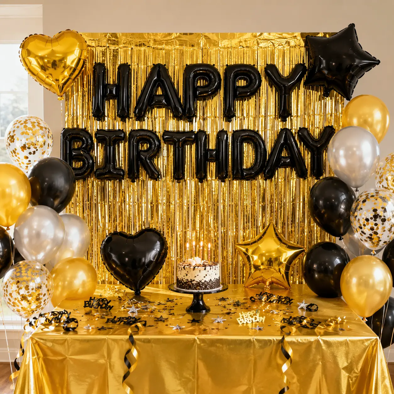 44PCS Black Gold Birthday Decorations Set with 10g Confetti, Happy Birthday Foil Balloons, Black Gold Silver Balloons, Gold Fringe Curtain, Table Cover & Ribbon for Birthday Party Decor