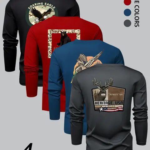 Men's Fashion Camo Animal Print Long Sleeve Round Neck T-Shirt Set, Active Tops, Athletic Fit, Unique Graphics, Comfortable Stretch Fabric, Perfect for Spring & Fall Sports Outdoor Activities, Round Neck Sportswear