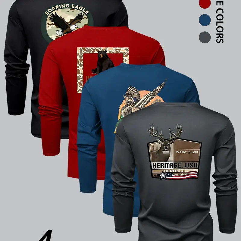 Men's Fashion Camo Animal Print Long Sleeve Round Neck T-Shirt Set, Active Tops, Athletic Fit, Unique Graphics, Comfortable Stretch Fabric, Perfect for Spring & Fall Sports Outdoor Activities, Round Neck Sportswear