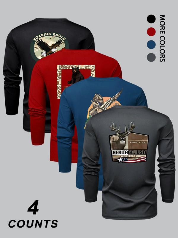 Men's Fashion Camo Animal Print Long Sleeve Round Neck T-Shirt Set, Comfortable Stretch Fabric, Perfect for Spring & Fall Sports Outdoor Activities, Athletic Sports Clothing