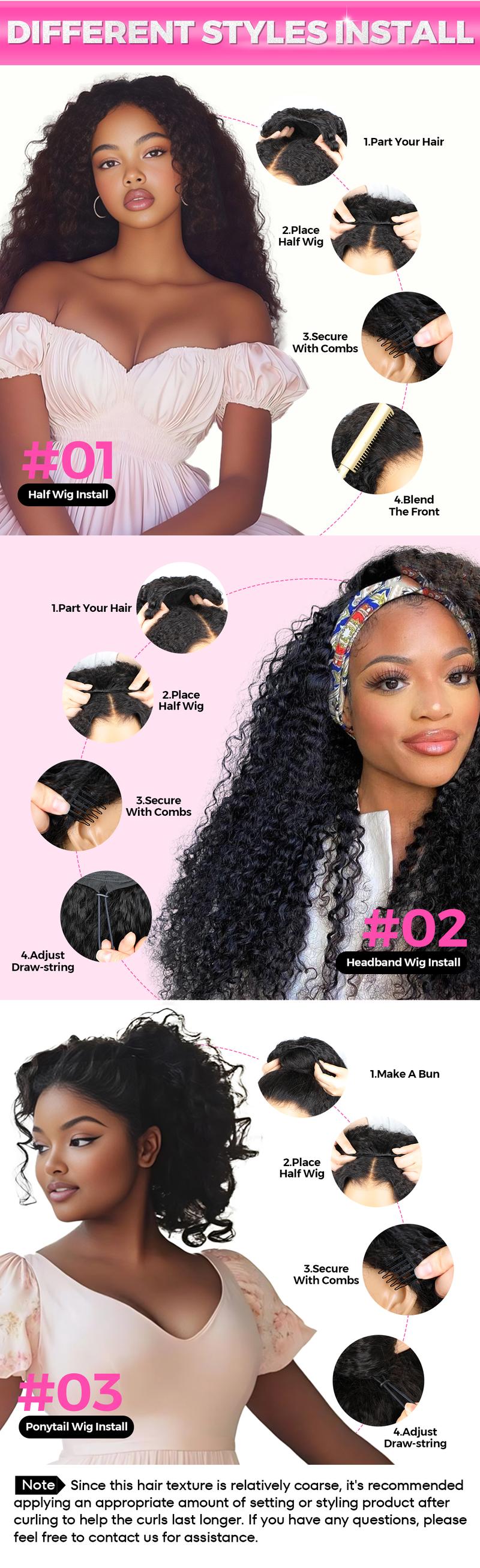 CurlyMe Invisible Hairline Kinky Straight & Afro Kinky Curly Half Wig Easy Wear Go Glueless Human Hair Wigs With Drawstring Beginner Friendly