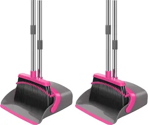 Dustpan Set, 52-in Long Adjustable Handle Broom Dustpan Combo with Dust pan Teeth to Automatically Clean Hair Suitable for Home Kitchen Office Hall Floor (Grey&Rose), 2 Pack
