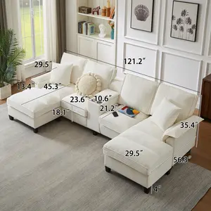 120" U-Shaped Modular Sectional Sofa with Storage Console and Storage Ottoman, Comfy 4 Seat Corduroy Cloud Couch with Cup Holders and Charging Port for Living Room (Beige)​​