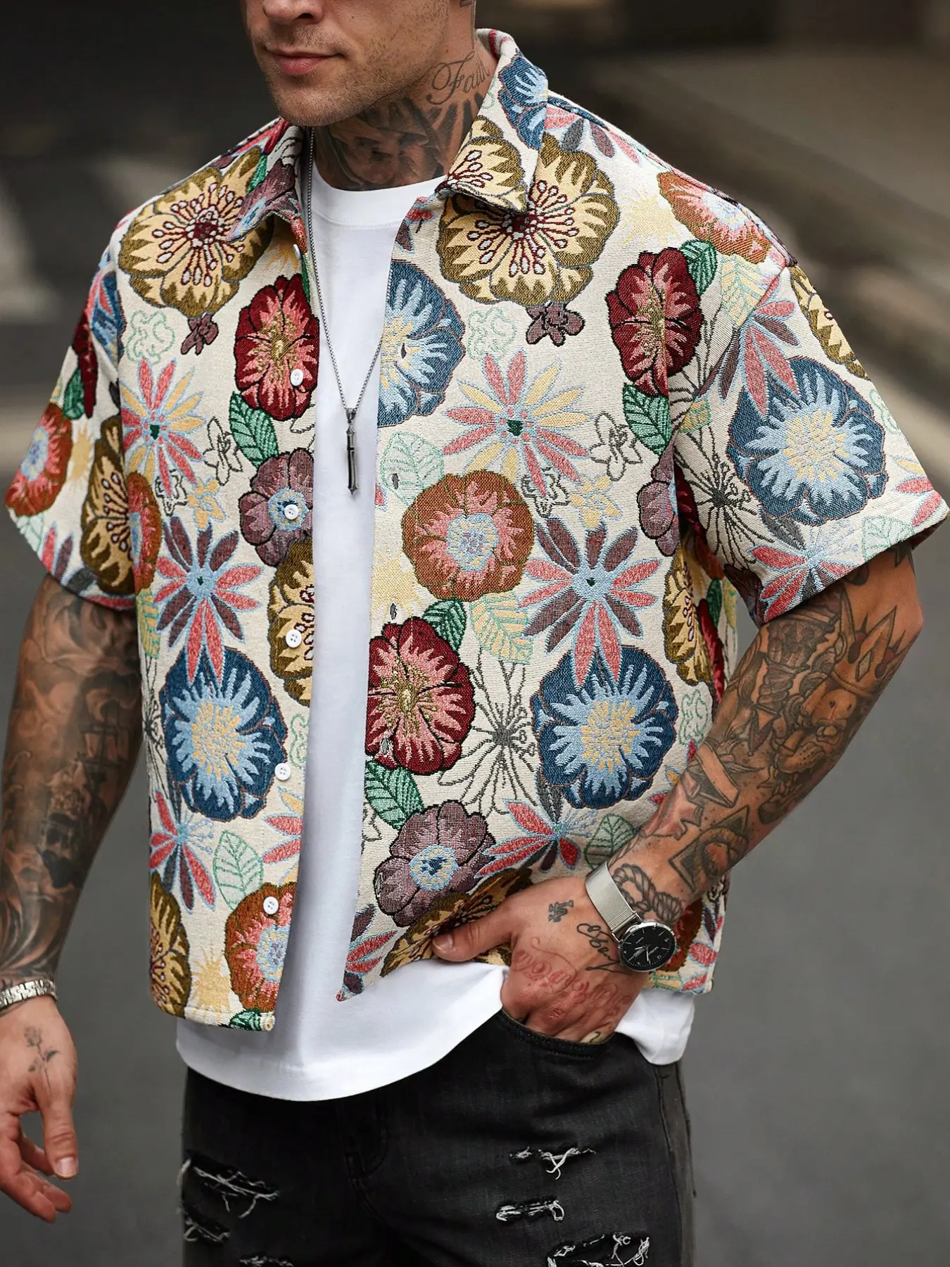 Men's Color-Woven Jacquard Floral Shirt Long Pants Set, Spring Summer, Family Gathering and Daily Wear, Casual Fashion