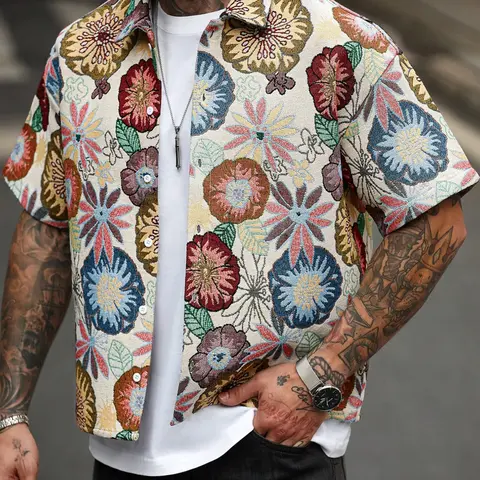 Men's Color-Woven Jacquard Floral Tropical Shirt Long Pants Set, Spring Summer, Family Gathering and Daily Wear, Casual Fashion