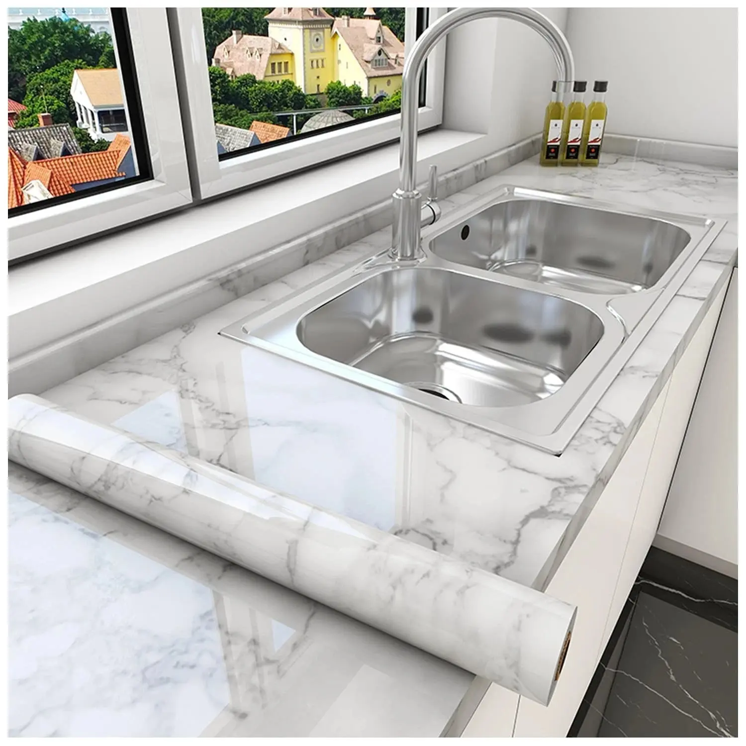 White Gray Marble Peel and Stick Wallpaper, Self-Adhesive Contact Paper Marble Contact Paper | Glossy Marble Wallpaper Self Adhesive Removable Wallpapers Waterproof Countertop Paper for Cabinet Furniture Kitchen Vinyl Studio wall