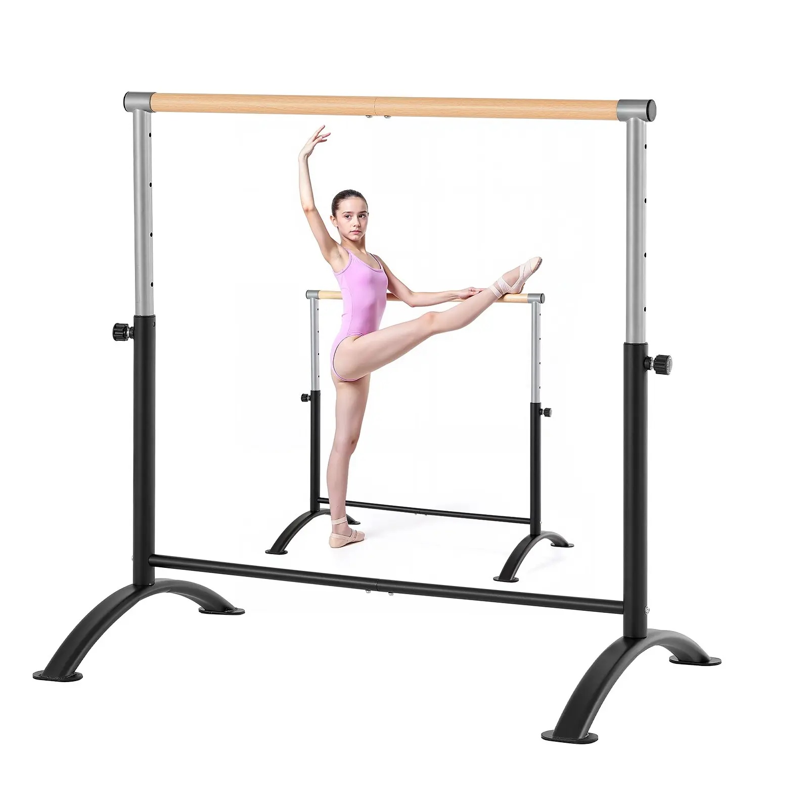 【DealsForYouDays】VEVOR Carbon Steel Ballet Barre, 4 Ft Freestanding Portable Wood Finish Bar, Height-Adjust Anti-Wobble Design, Lock Handle, Iron Crossbar for Home Gym Dance & Pilates Endurance Training