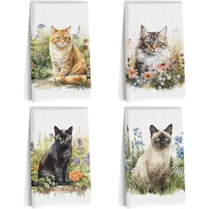 4 Pcs Watercolor Cat Towels, Pastoral Flower Decorative Absorbent Microfiber Dish Cloth Tea, Waffle Soft Hand Towels for Farmhouse Home, Cat Lover Gifts for Friend