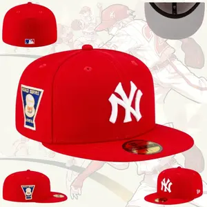 Trendy New Era New York Yankees 59FIFTY Snapback Cap – red MLB Hat, White NY Logo, Multi Side Patches Grey Undervisor Script, Adjustable Flat Brim, Streetwear Classic Unisex Cap