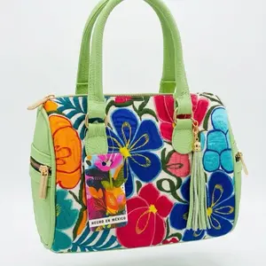 Chiapaneco Genuineness Leather Crossbody Bag with Vibrant Floral Embroidery and Piel Genuina Label