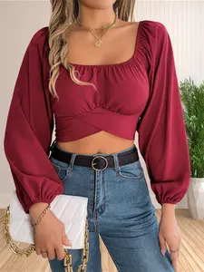 Women's Plain Tie Back Fitted Crop Blouse, Casual Bishop Sleeve Square Neck Top for Spring & Fall, Women's Clothing for Daily Wear