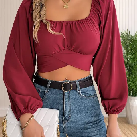 Women's Plain Tie Back Fitted Crop Boho Cottagecore Blouse, Casual Bishop Sleeve Long Sleeve Square Neck Top for Spring & Fall, Women's Clothing for Daily Wear Casual Classy Top Casual Daily Tops Womenswear