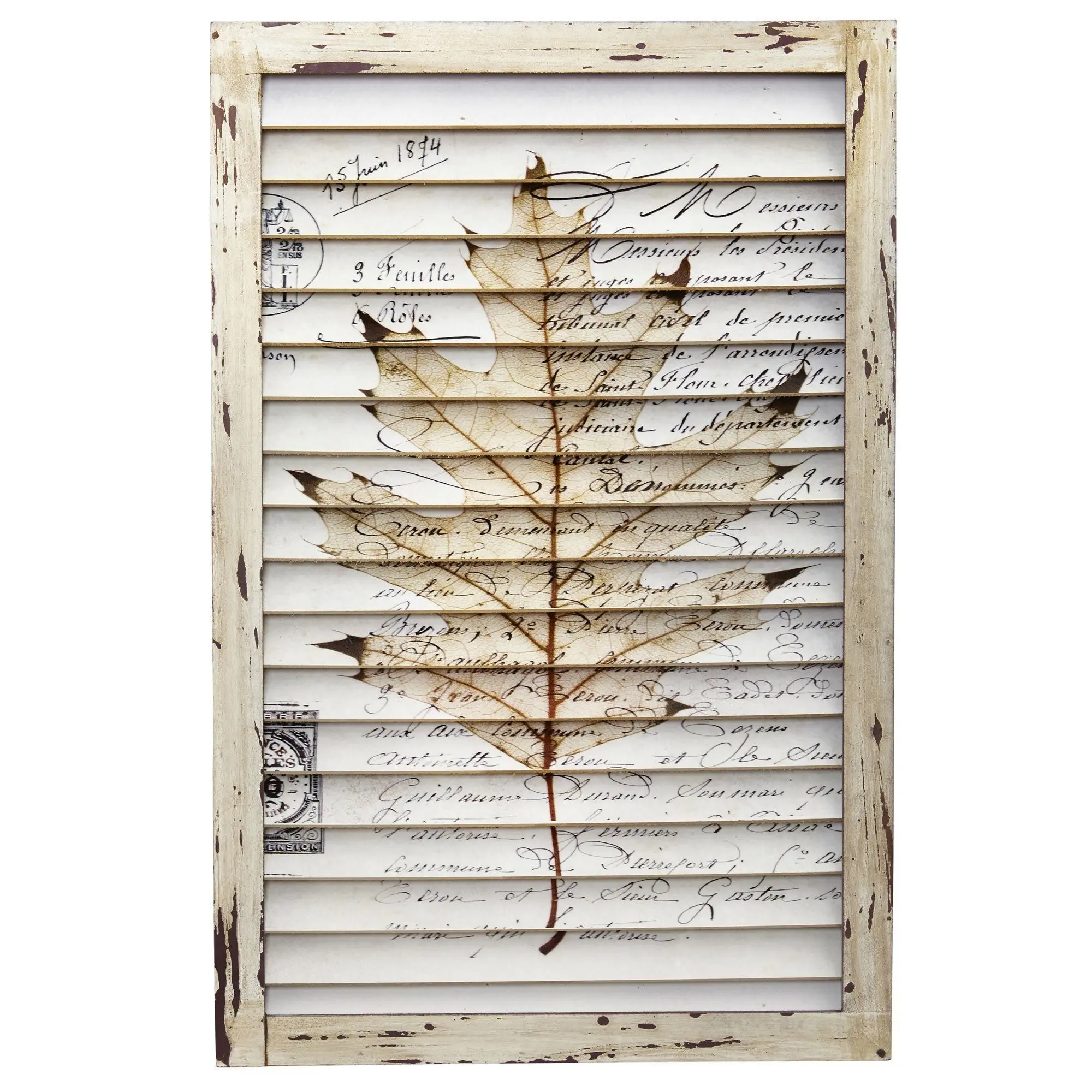 Artistic Weathered Wood Maple Leaf Print Window Shutter Hanging Decoration - Vintage Letters Print, Romantic Neutral All-Seasons Home Decor, Frame Included Woody Wall Decor for Family Photographs Display